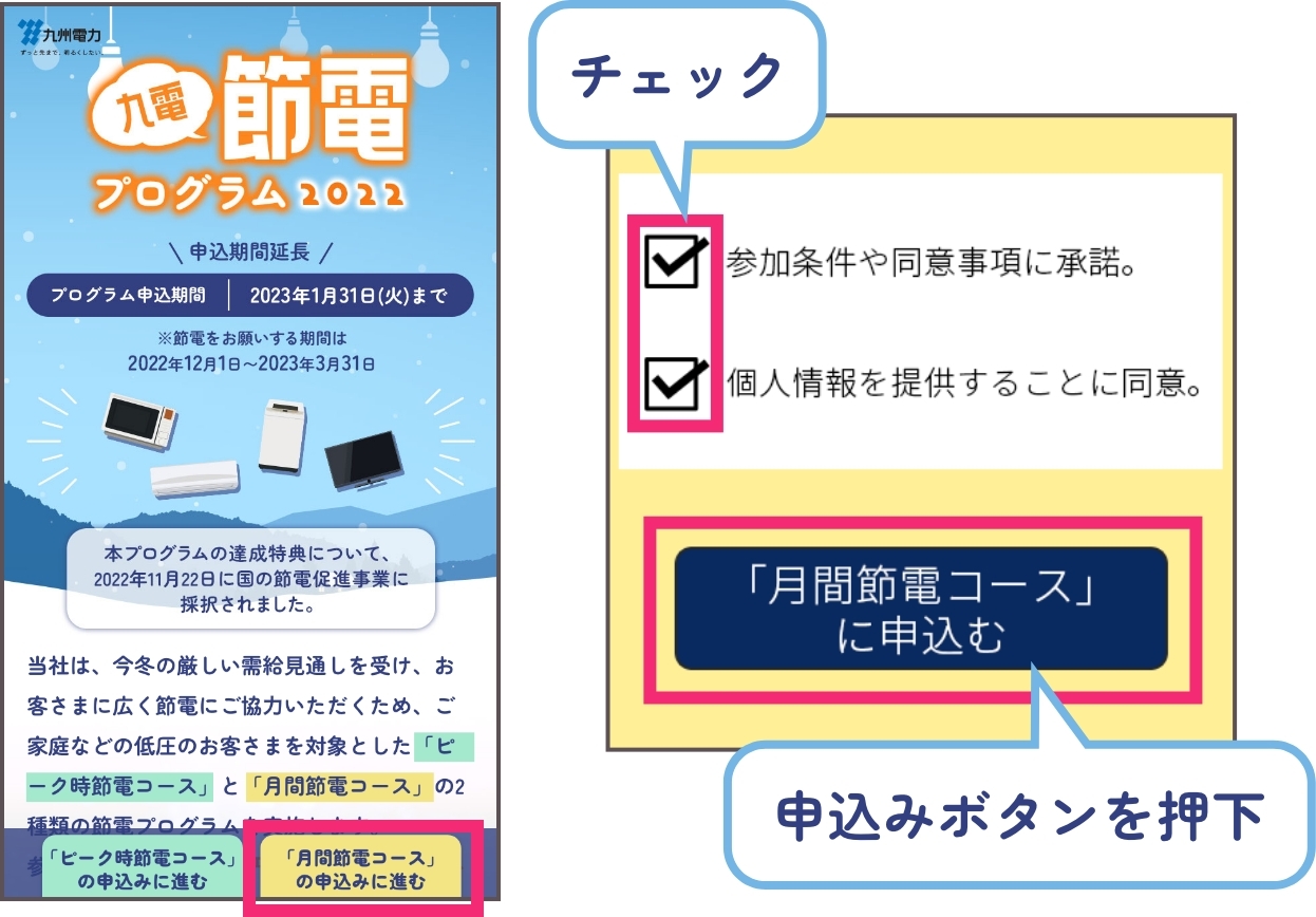 「月間節電コースの申込みに進む」ボタンを押下し、画面に表示される案内に沿って申込み