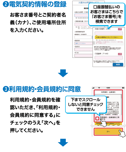 ❷電気契約情報の登録｜お客さま番号とご契約者名義（カナ）、ご使用場所住所を入力ください。｜口座振替払いのお客さまはこちらで「お客さま番号」を検索できます｜→｜❸利用規約・会員規約に同意｜利用規約・会員規約を確認いただき、「利用規約・会員規約に同意する」にチェックのうえ「次へ」を押してください。｜下までスクロールしないと同意チェックできません